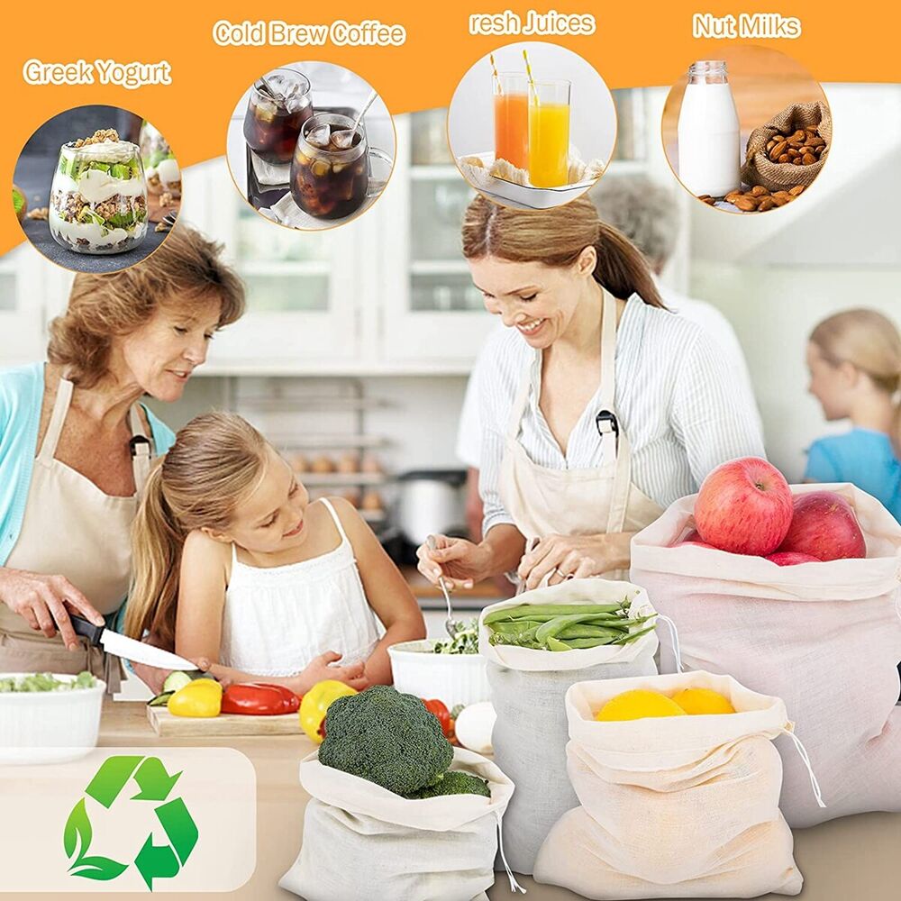 UP 50x Reusable 100% Cotton Muslin Filter Bags Spices Herbs Tea Soup Drawstring