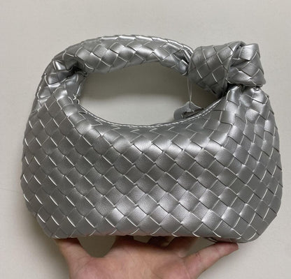 Leather Handbag Mini Shoulder Bag Purse Style Silver Weave Soft Underarm Bags