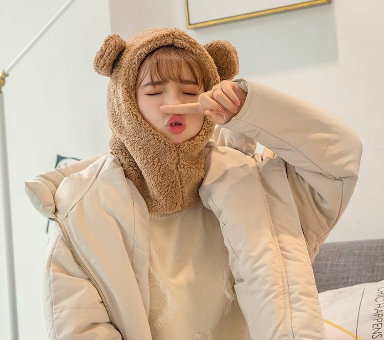 Warm Hats Winter Cute Bear Ears Windproof Neck Scarf Cap Student Women Cashmere