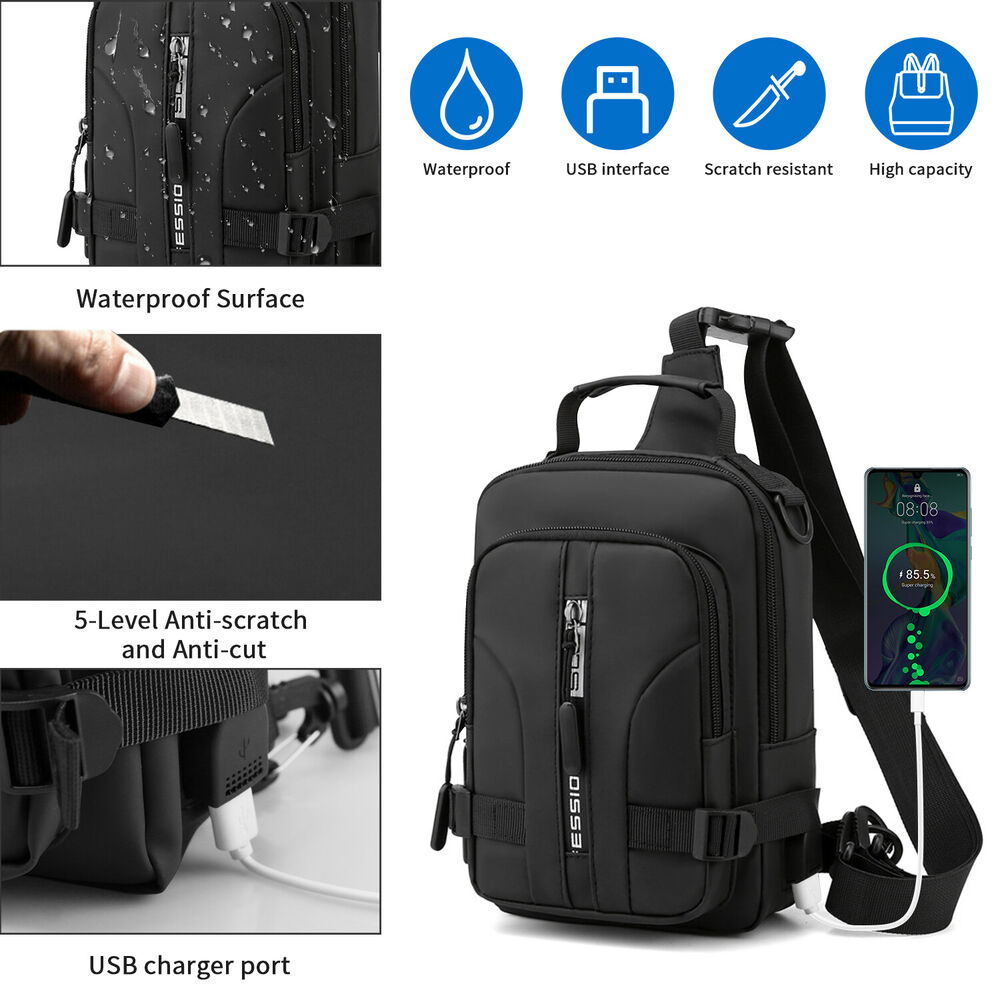 Men's Sling Crossbody Bag Anti-theft Chest Shoulder Messenger Backpack USB Port