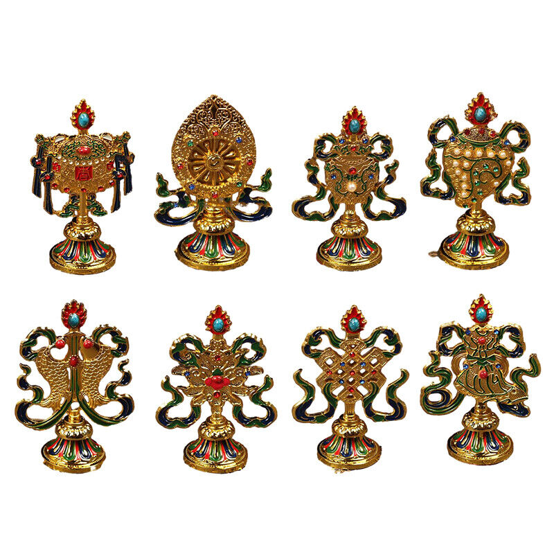 8 Pcs Painted Tibetan Engraved Eight Treasures Auspicious Statue Buddhism