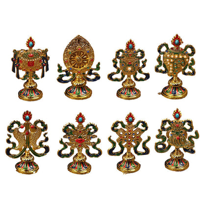 8 Pcs Painted Tibetan Engraved Eight Treasures Auspicious Statue Buddhism