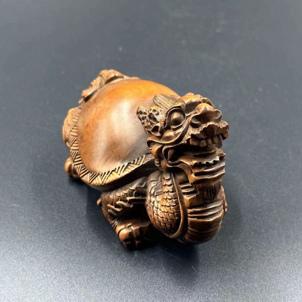 Collections Chinese Boxwood Carving Dragon Turtle Statue Nice Figurines Artwork