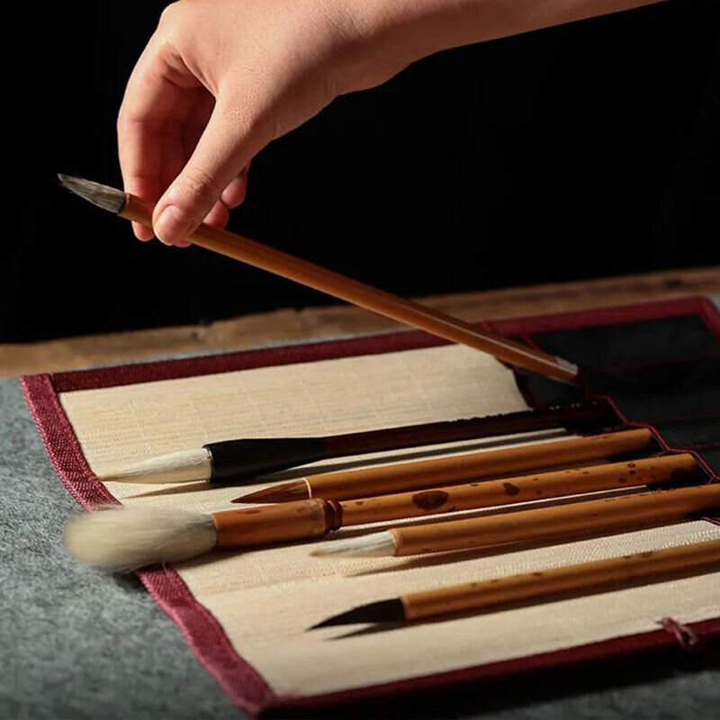 Painting Brushes Holder Storage Bamboo Rolling Bag Calligraphy Pens Case Curtain