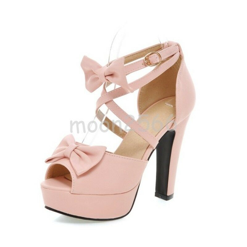 Women Bowknot Block Heels Sweet Peep Toe Cross Strappy Platform Sandals Shoes @