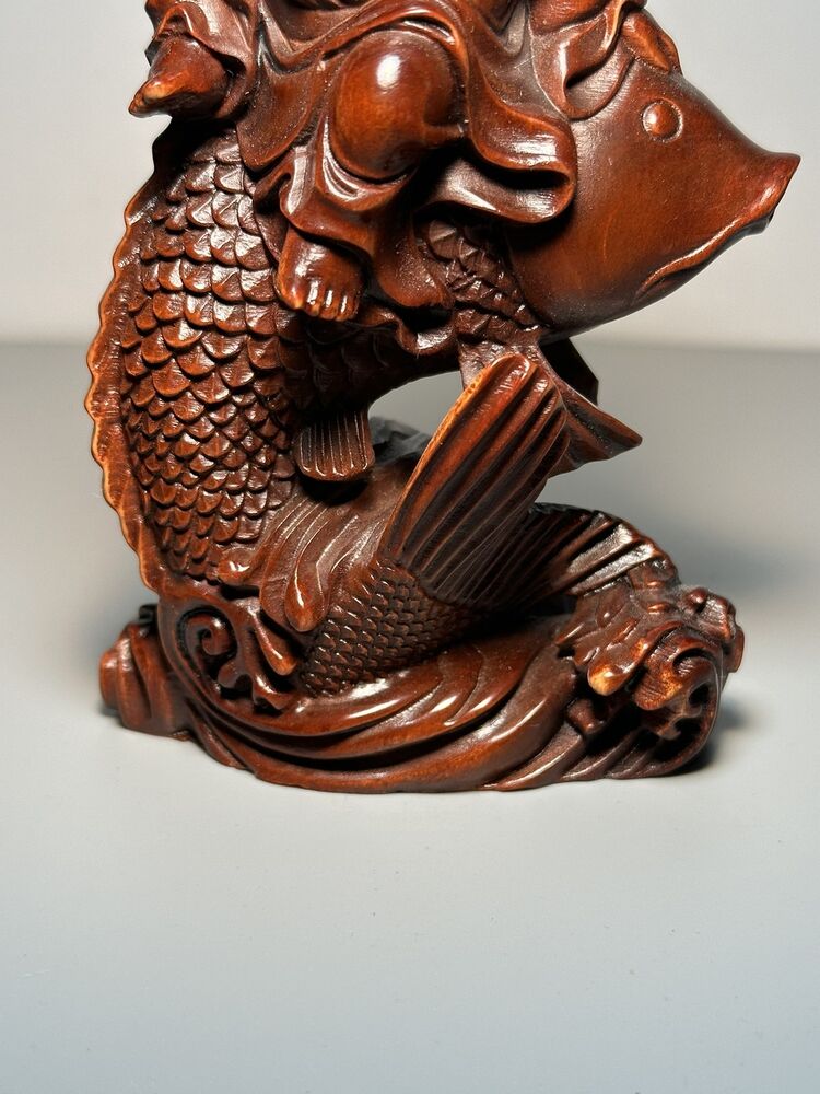 Chinese Boxwood Carving Sit Fish Laughing Buddha Statue Decor Wooden Sculpture