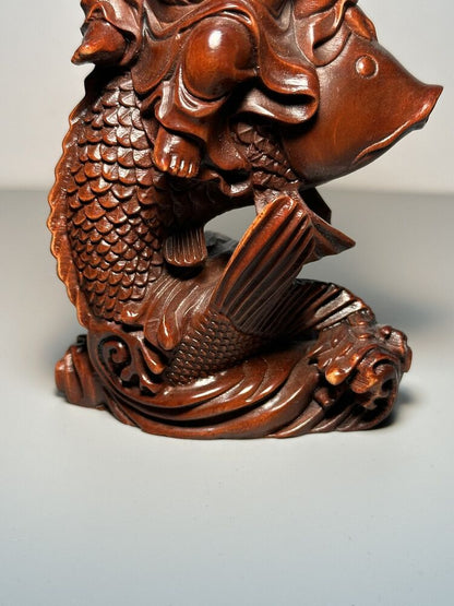 Chinese Boxwood Carving Sit Fish Laughing Buddha Statue Decor Wooden Sculpture