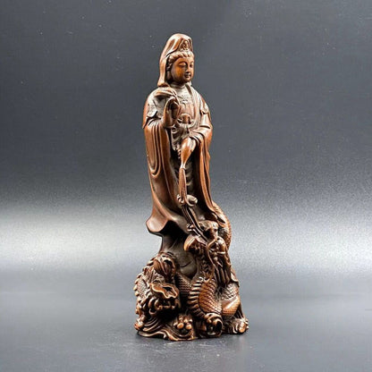 Chinese Boxwood Carving Dragon Kwan Yin Statue Sculptures Home Livingroom Decor