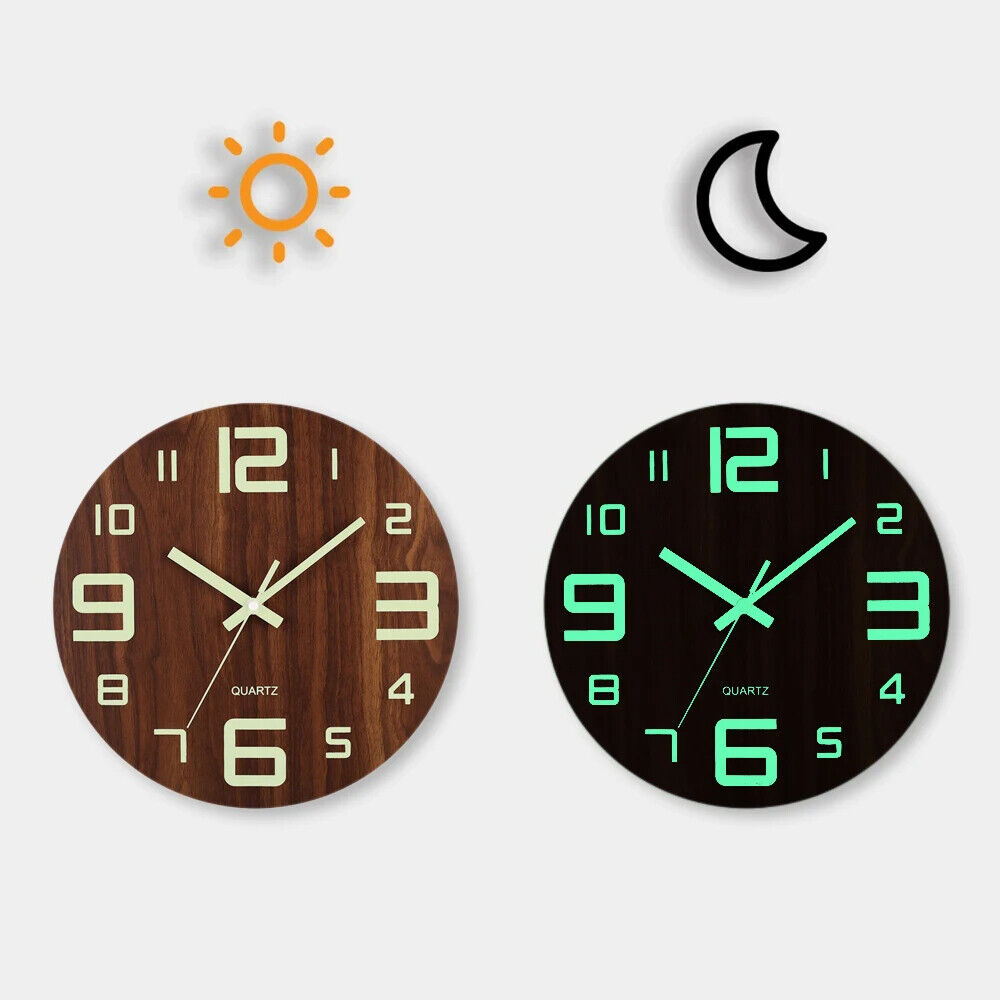 Luminous Walls Clock 12in Wood Non Ticking Light In Dark Night Living Room Decor