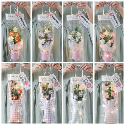 Crochet Flowers Bouquet Milk Cotton Hand-Knitted LED Light Gift Bag Floral Decor