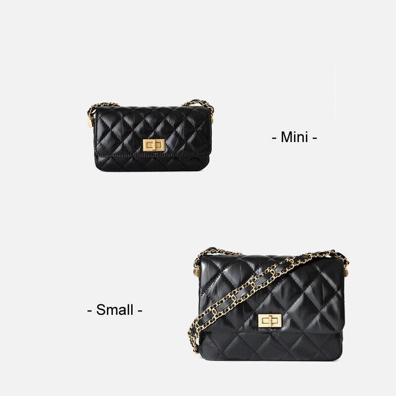 Small Mini Quilted Real Leather Flap Purse Clutch Handbag Shoulder Bag w/ Chains