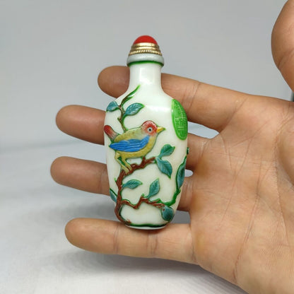 chinese carved tree bird statue peking glass snuff bottle painted Carving glaze