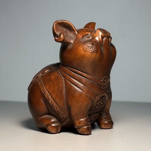 Vintage Wooden Ornament Carving Cute Pig Statue Animal Figurine Home Decor Gift