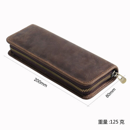 Handmade Crazy Horse Leather Square Pen Bag Men's Zipper Creative Pencil Case