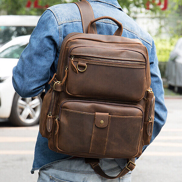 100% Crazy Horse Leather Men's Retro Backpack Travel Rucksack Daypack School Bag