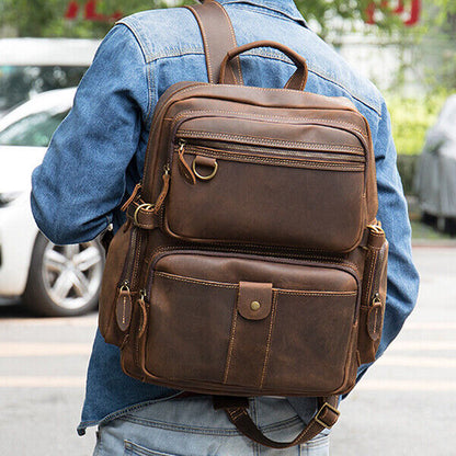 100% Crazy Horse Leather Men's Retro Backpack Travel Rucksack Daypack School Bag