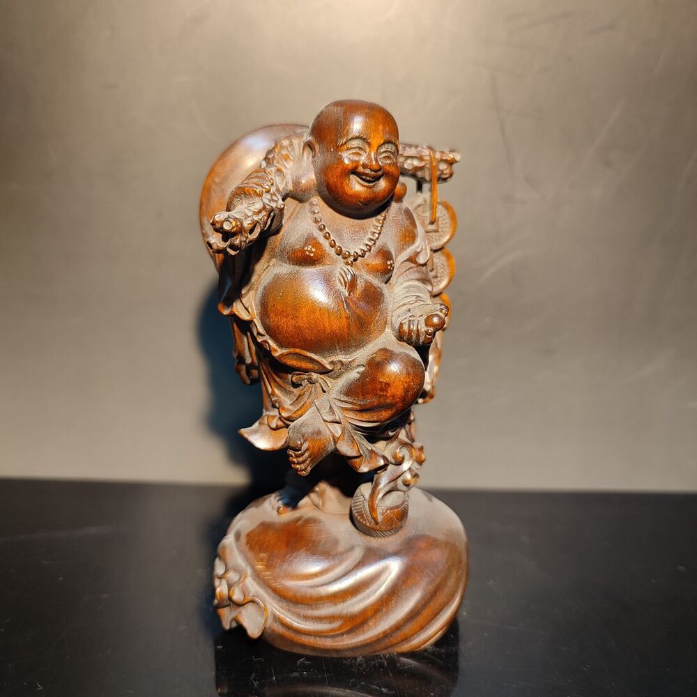 Boxwood carving wooden buddha statue laughing Amitabha sculptures decor figurine