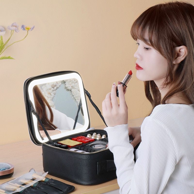 Smart LED Cosmetic Case Mirror Large Portable Storage Makeup Bag Purse S/L Sizes