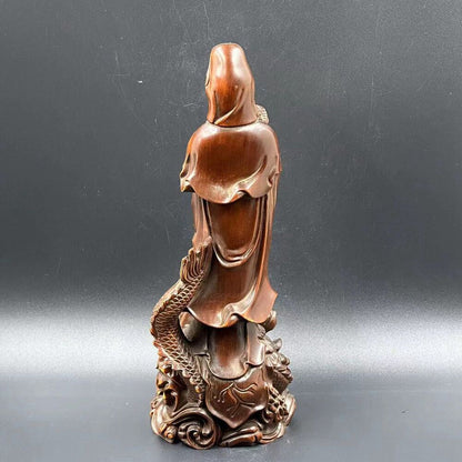 Collection China Boxwood Carving Dragon Kuan Yin Statue Sculpture Decoration Art