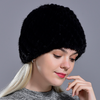 Women Mink Fur Hats Natural Real Fur Knitted Cap Fluffy Fur Beanie Black Fur Cap