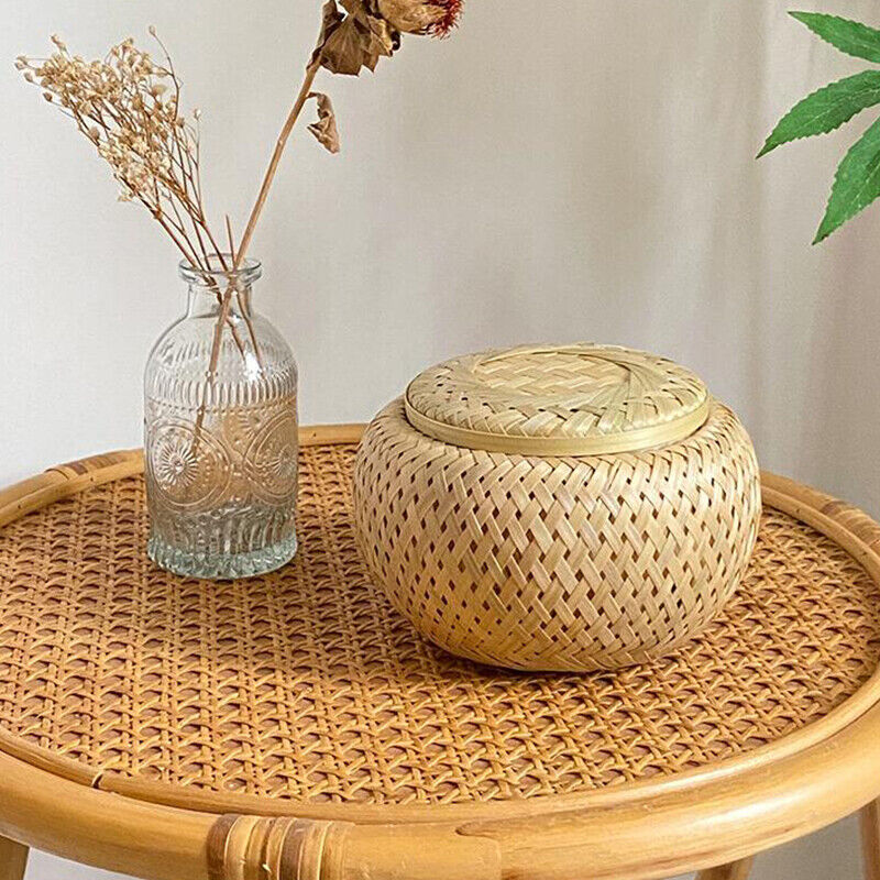 Bamboo Storage Basket with Cover Handmade Tea Woven Basket Tabletop Storage Box