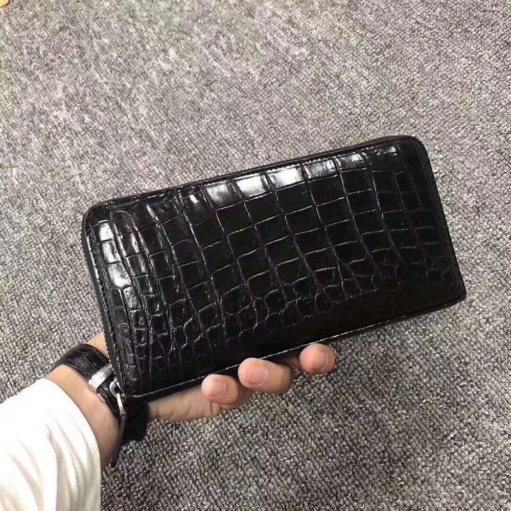 Black Genuine Crocodile Alligator Leather Zipper Long Wallet Hand Clutch Bag