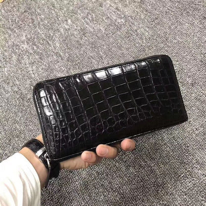 Black Genuine Crocodile Alligator Leather Zipper Long Wallet Hand Clutch Bag