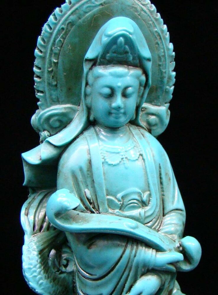 Chinese Turquoise Handmade Carved Statue Kwan-yin Dragon RuYi Exquisite