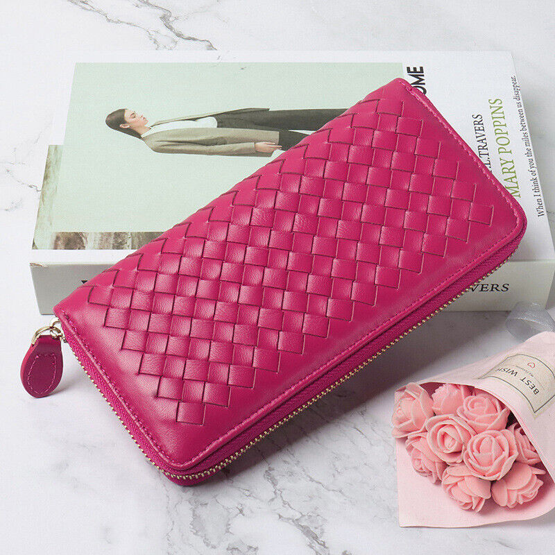 Real Leather Women's Long Wallet, Desinger Weaving Clutch Bag Zipper Card Holder