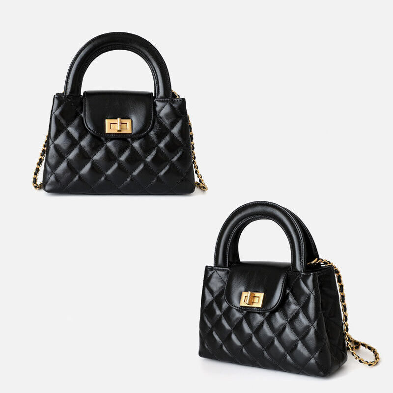 Small Quilted Real Leather Tote Flap Purse Clutch Shoulder Bag w/ Chain Fashion