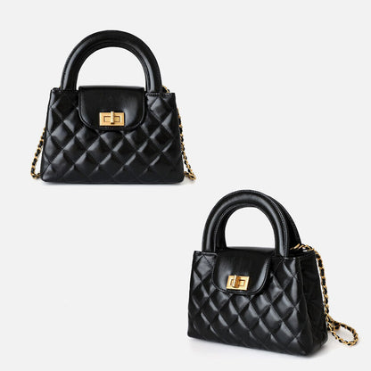 Small Quilted Real Leather Tote Flap Purse Clutch Shoulder Bag w/ Chain Fashion