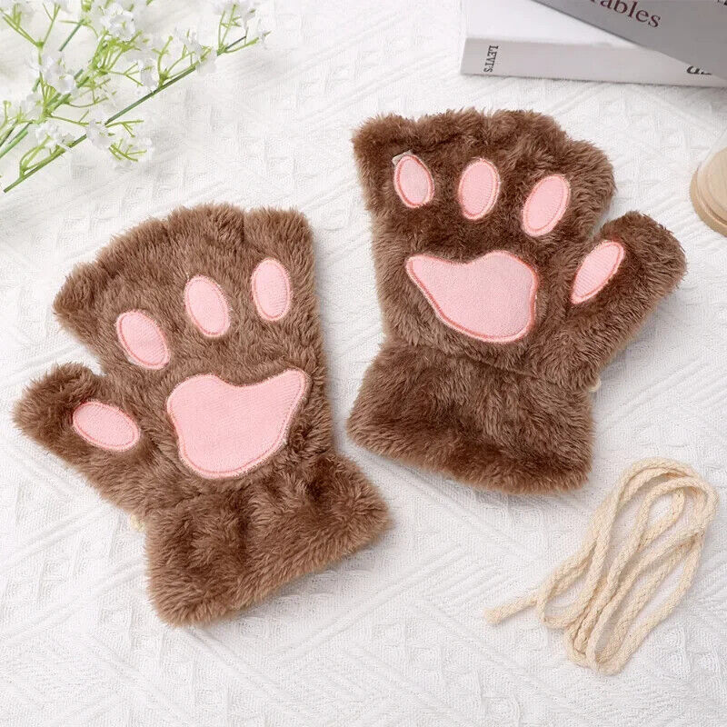 Women Fingerless Gloves Plush Fluffy Cat Paw Claw Panda Mittens Warm Winter Wear