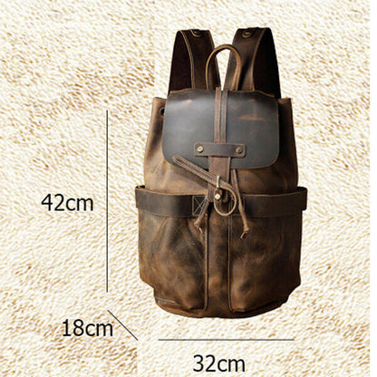 Crazy Horse Leather Drawstring Backpack, Men's Travel Bag, 15.6" Laptop Daypack