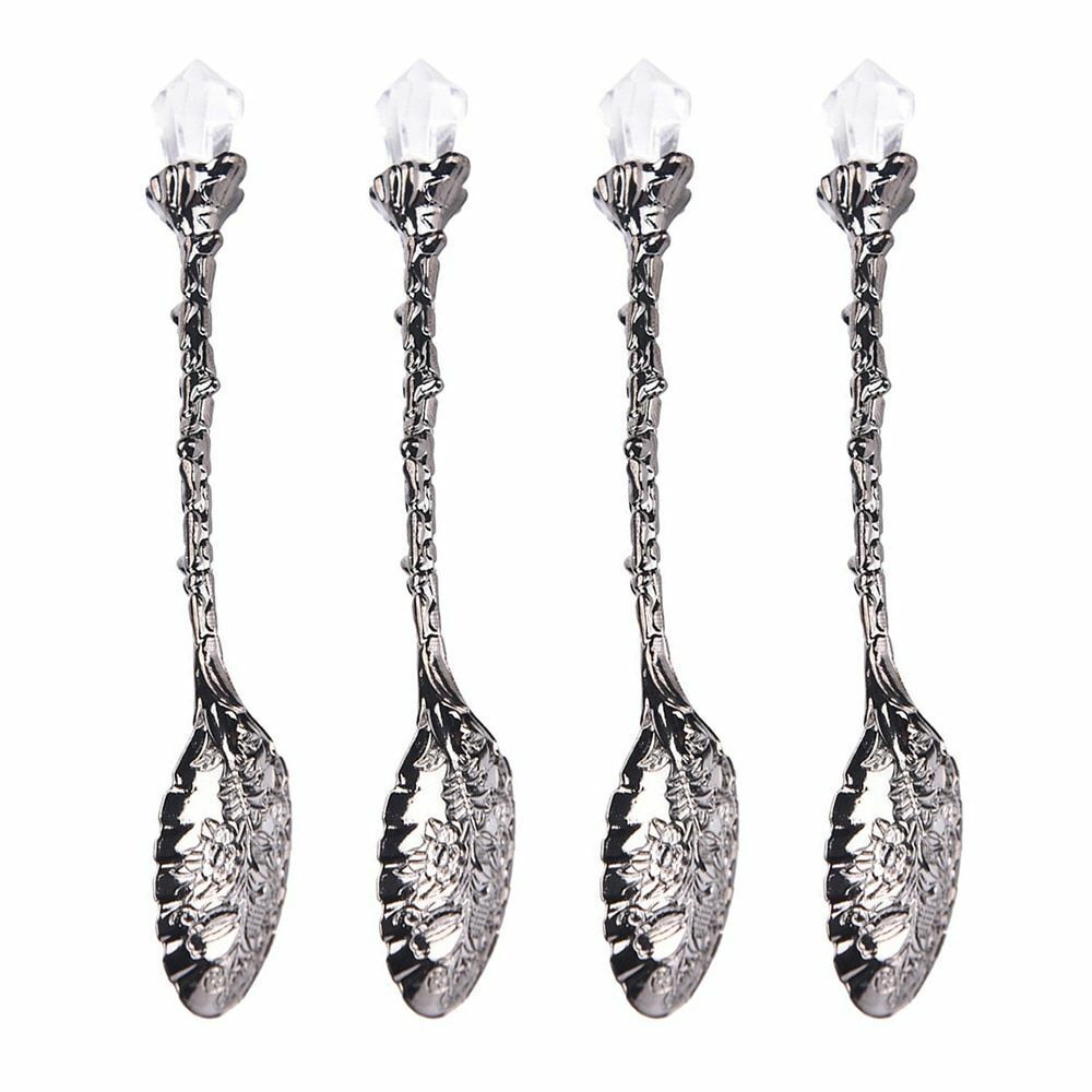 4 Pcs/Set Vintage Crystal Head Spoon Zinc Alloy Carved Mini Coffee Tea Tableware
