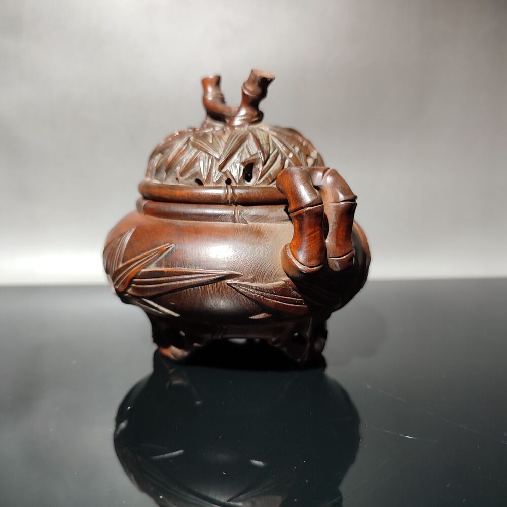 vintage Boxwood Tripod Censer buddha incense holder bamboo carved statue antique