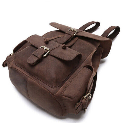 100% Crazy Horse Leather Women's Retro Backpack Travel Multi-pocket Rucksack Bag