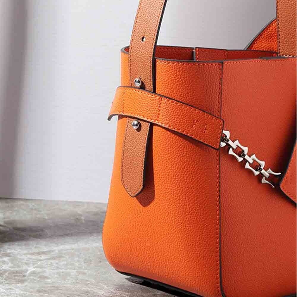 Genuine Leather Bucket Bag Women American Style Bags Orange Tote Purses