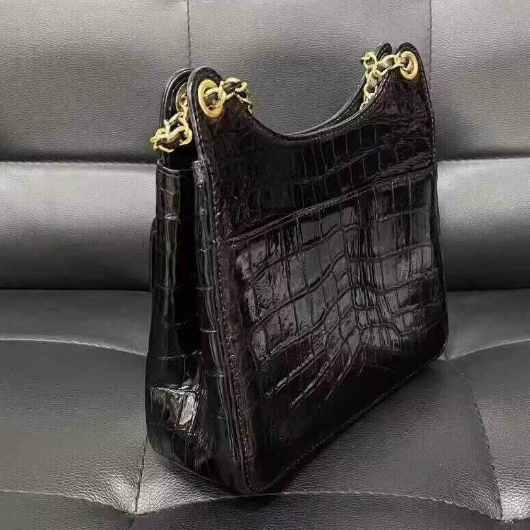 Black Alligator Crocodile Belly Skin Chain Bag, New Desinger Women's Shouler Bag