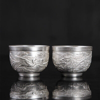 999 pure silver tea set handmade tea pot sterling silver tea cup dragon relief