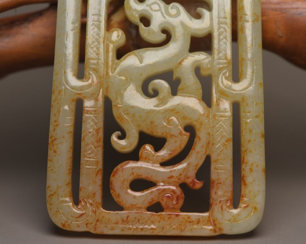 Chinese Natural Hetian Jade Carving Dragon Phoenix Statue Nice Pendant Jewelry