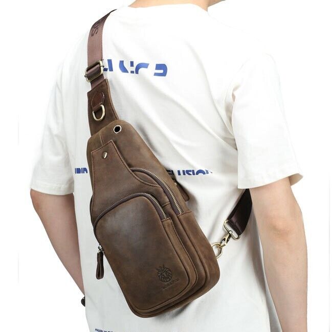 Top Cow Leather Sling Backpack, Men's Crossbody Chest Bag Leather Sport Daypack