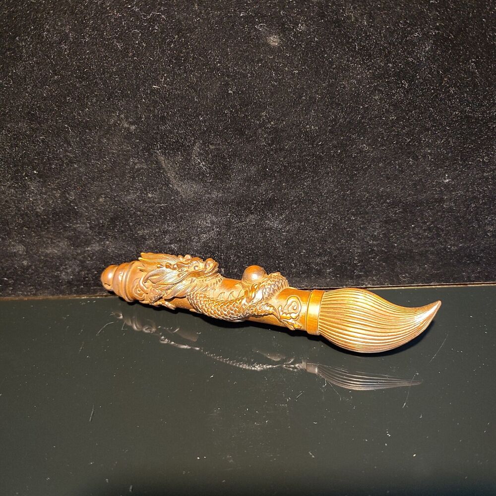6"Exquisite Chinese writing brush dragon statue Boxwood wooden ornaments carved