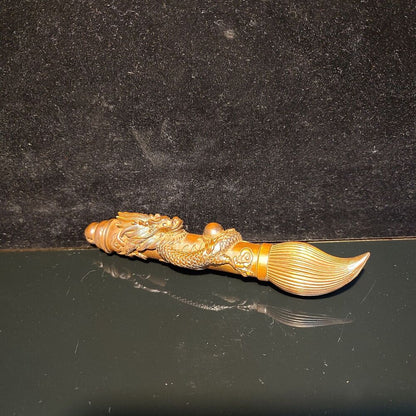6"Exquisite Chinese writing brush dragon statue Boxwood wooden ornaments carved