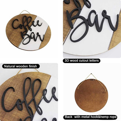 Wooden Coffee Bar Decor Round Rustic Farmhouse Wall Sign Decoration Gift (Brown)