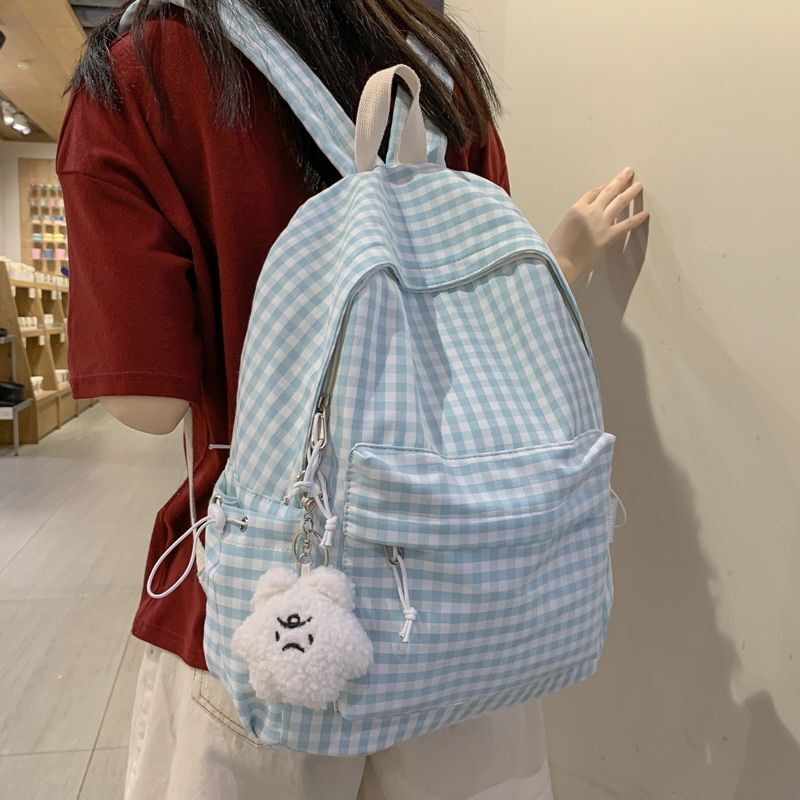 Waterproof Nylon Women Backpack Schoolbag Plaid Travel Bag Polyester Purple Blue