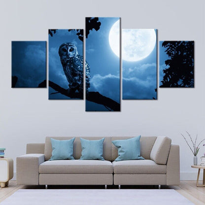 Animal Owl Full Moon 5 Piece Canvas Print Wall Art Poster Home Decoration