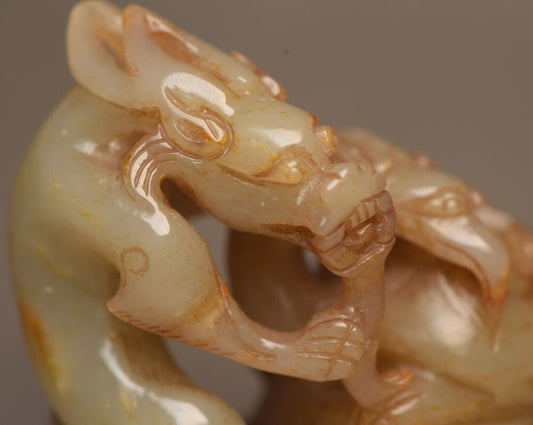 Chinese Antique Natural Hetian Jade Carved Dragon Phoenix 龙凤呈祥 Statue Figurines