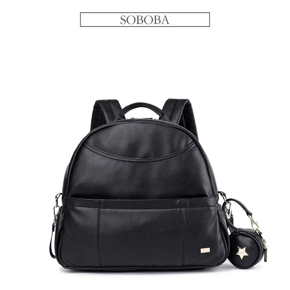 PU Black Diaper Backpack Baby Pockets Diaper Bag for Mother Travel Bag