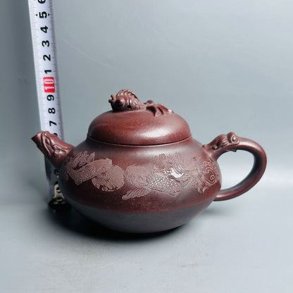 Vintage Chinese Yixing Purple Clay Teapot Zisha Ceramic Carving Fish Teaware Art