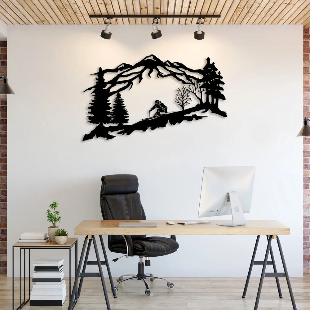 Metal Skier Wall Art, Mountain And Trees Themed Wall Art Metal Wall Decor